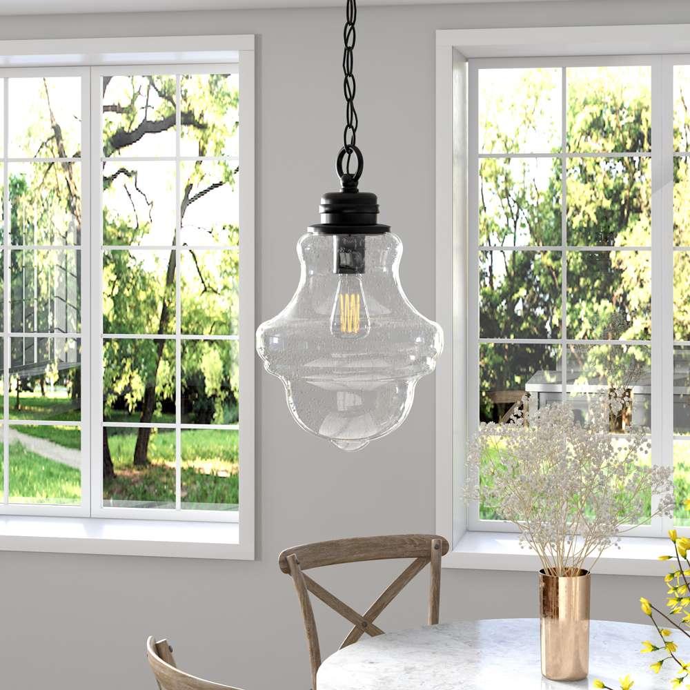 Hudson & Canal - Annie 9.13in Wide Pendant with Glass Shade in Blackened Bronze/Seeded - PD0459 veiw 2