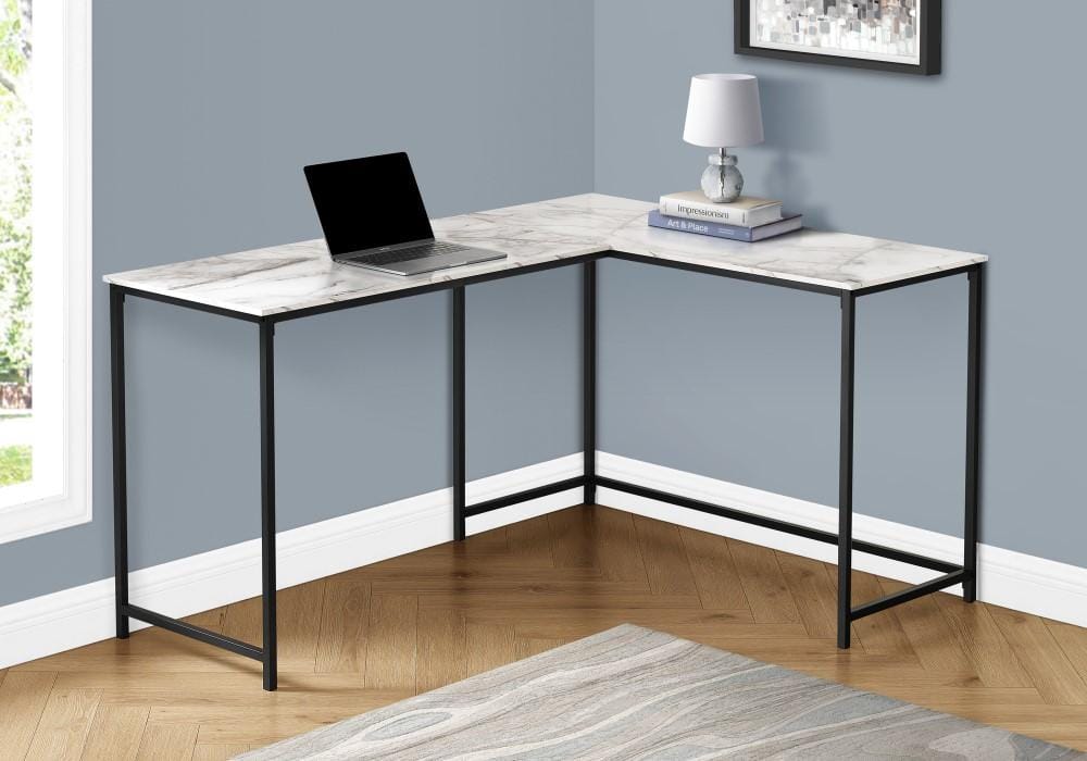Monarch Specialties - Computer Desk, Home Office, Corner, 58inL, L Shape, Work, Laptop, Metal, Laminate, White Marble Look, Black, Contemporary, Modern - I-7393 veiw 2