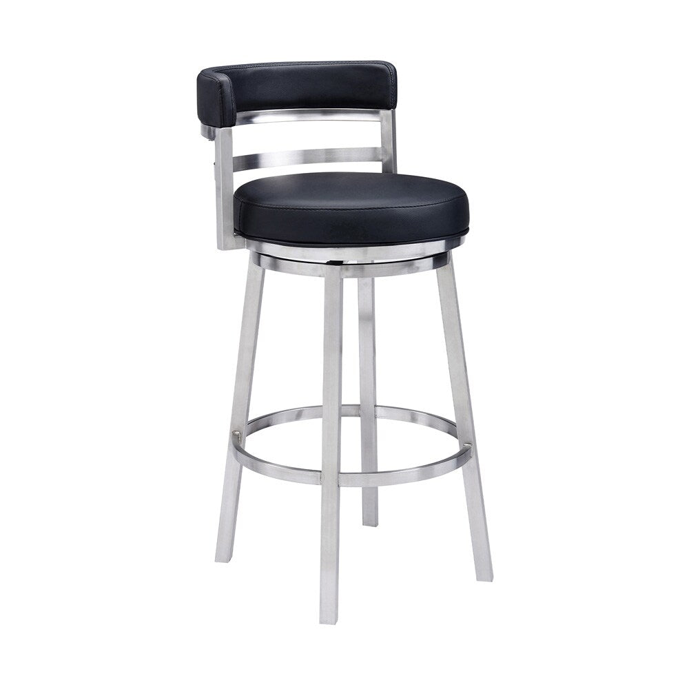 Armen Living - Madrid 26in Counter Height Swivel Black Faux Leather and Brushed Stainless Steel Bar Stool - LCMABABSBL26 veiw 1