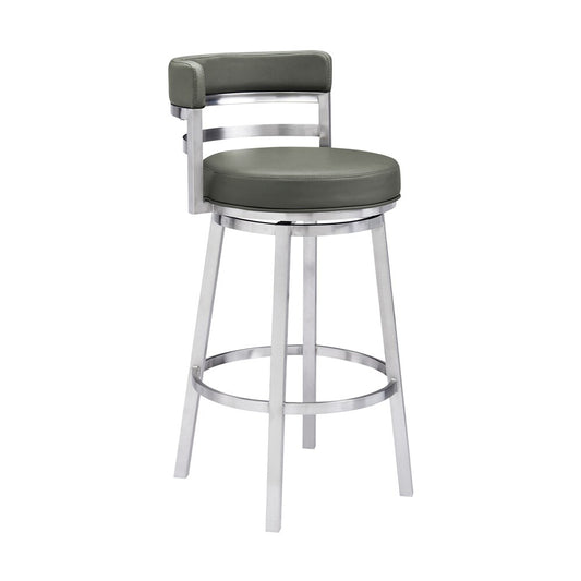 Armen Living - Madrid 26in Counter Height Swivel Grey Faux Leather and Brushed Stainless Steel Bar Stool - LCMABABSGR26 veiw 1