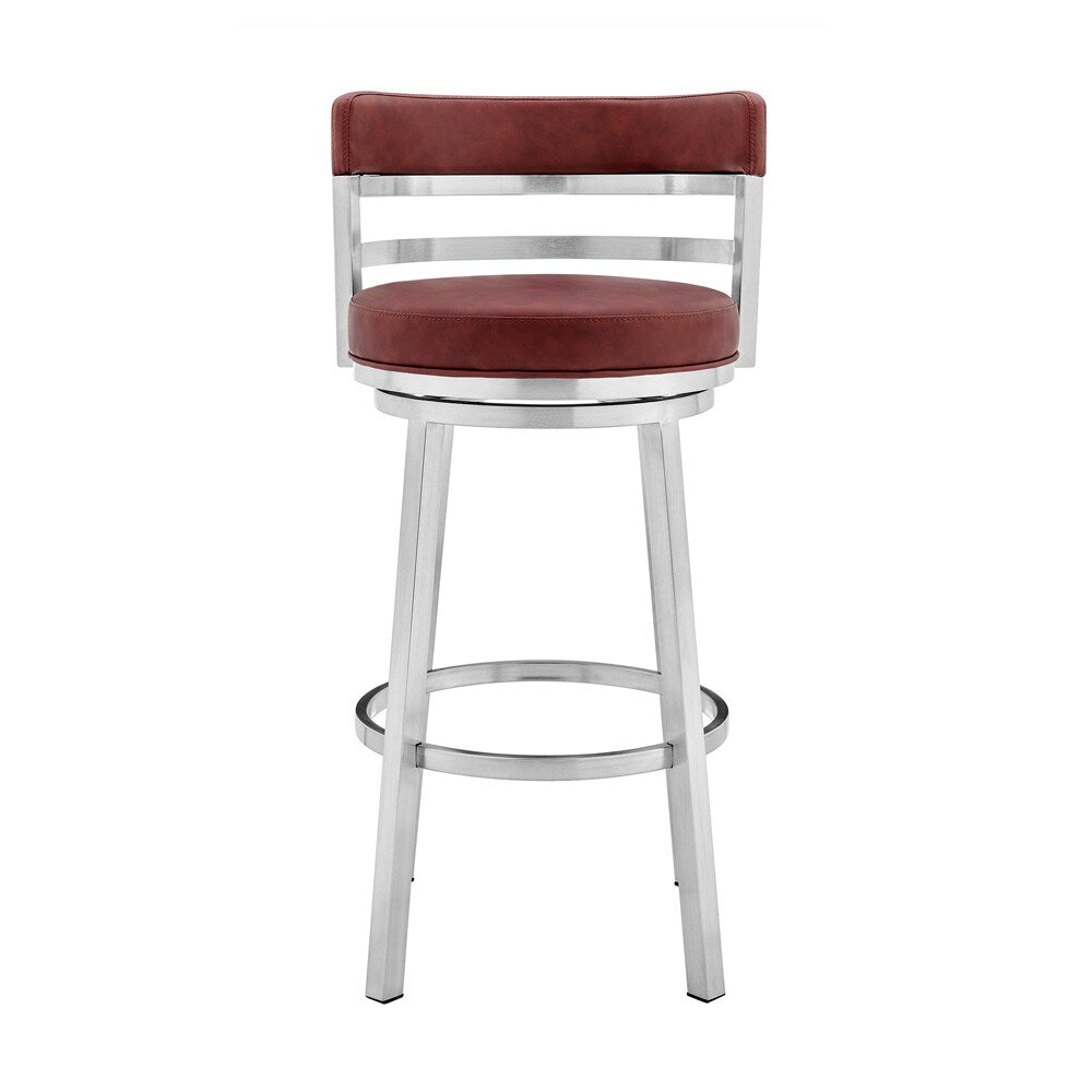 Armen Living - Madrid 26in Counter Height Swivel Red Faux Leather and Brushed Stainless Steel Bar Stool - LCMABABSRED26 veiw 2