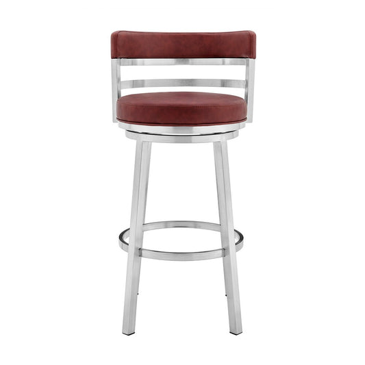 Armen Living - Madrid 26in Counter Height Swivel Red Faux Leather and Brushed Stainless Steel Bar Stool - LCMABABSRED26 veiw 2