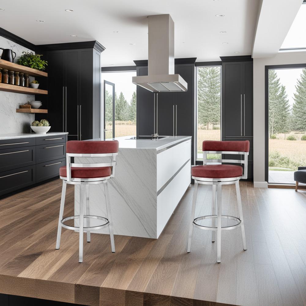 Armen Living - Madrid 26in Counter Height Swivel Red Faux Leather and Brushed Stainless Steel Bar Stool - LCMABABSRED26 veiw 7