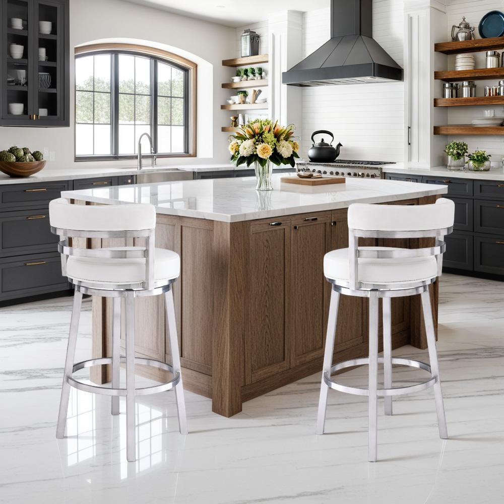 Armen Living - Madrid 26in Counter Height Swivel White Faux Leather and Brushed Stainless Steel Bar Stool - LCMABABSWH26 veiw 8