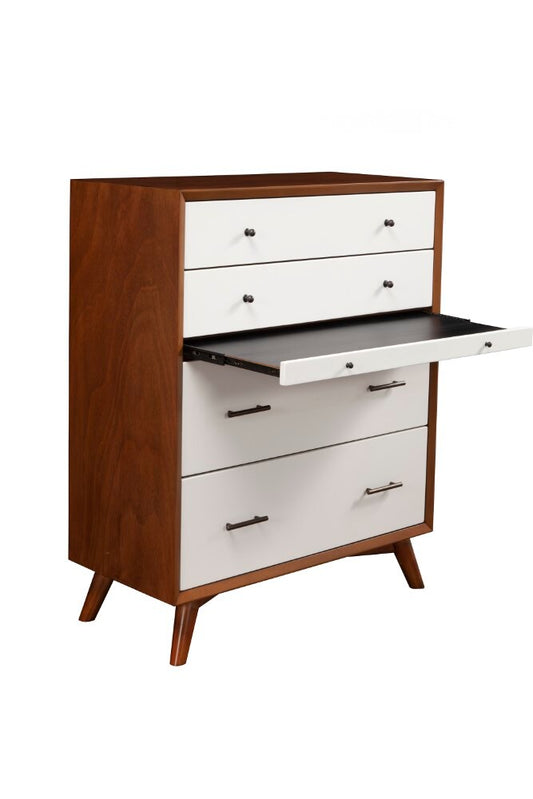 Alpine Furniture - Flynn Mid Century Modern 4 Drawer Two Tone Multifunction Chest w/Pull Out Tray, Acorn/White - 999-05 veiw 2