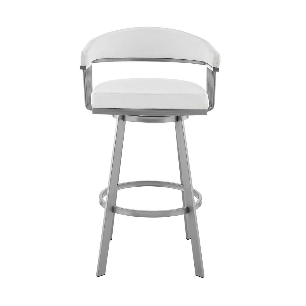 Armen Living - Bronson 25in Counter Height Swivel Bar Stool in Silver Finish and White Faux Leather - 721535761906 veiw 2