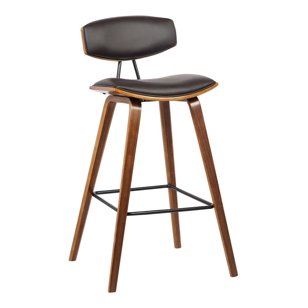 Armen Living - Fox 28.5in Bar Height Brown Faux Leather and Walnut Wood Mid-Century Modern Bar Stool - LCFOBAWABR30 veiw 1