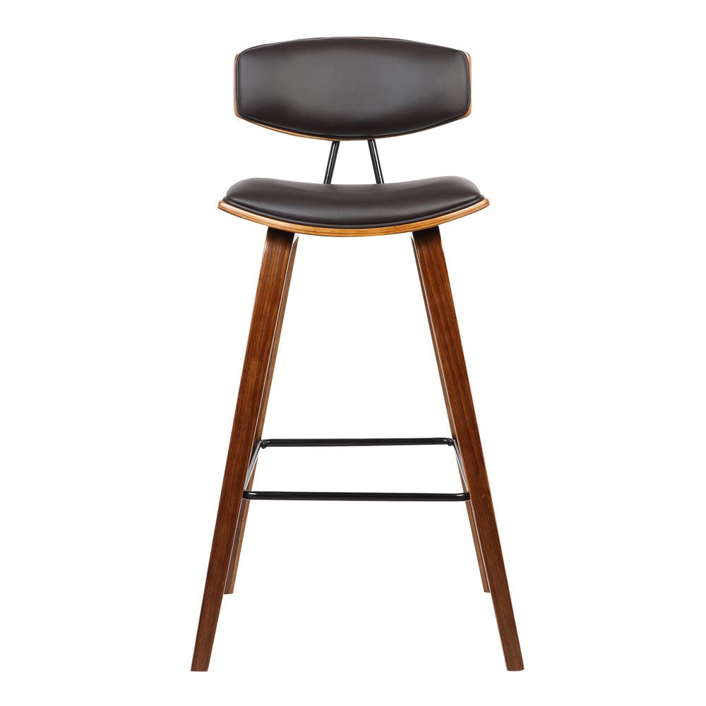 Armen Living - Fox 28.5in Bar Height Brown Faux Leather and Walnut Wood Mid-Century Modern Bar Stool - LCFOBAWABR30 veiw 2