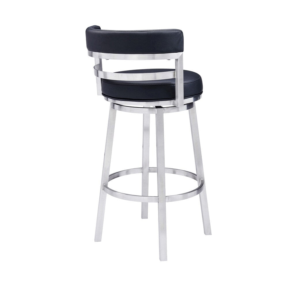 Armen Living - Madrid 30in Bar Height Swivel Black Faux Leather and Brushed Stainless Steel Bar Stool - LCMABABSBL30 veiw 3