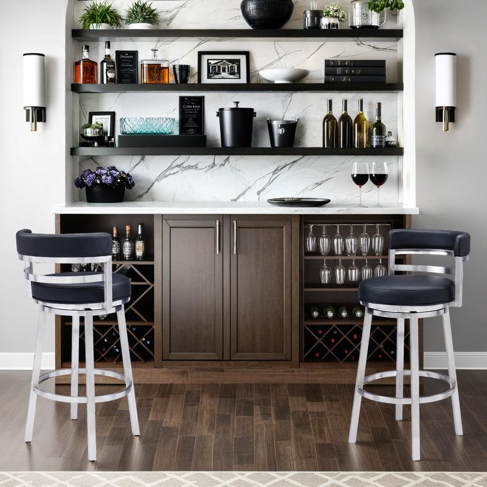 Armen Living - Madrid 30in Bar Height Swivel Black Faux Leather and Brushed Stainless Steel Bar Stool - LCMABABSBL30 veiw 7