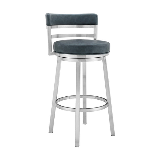 Armen Living - Madrid 30in Bar Height Swivel Blue Faux Leather and Brushed Stainless Steel Bar Stool - LCMABABSBLU30 veiw 1