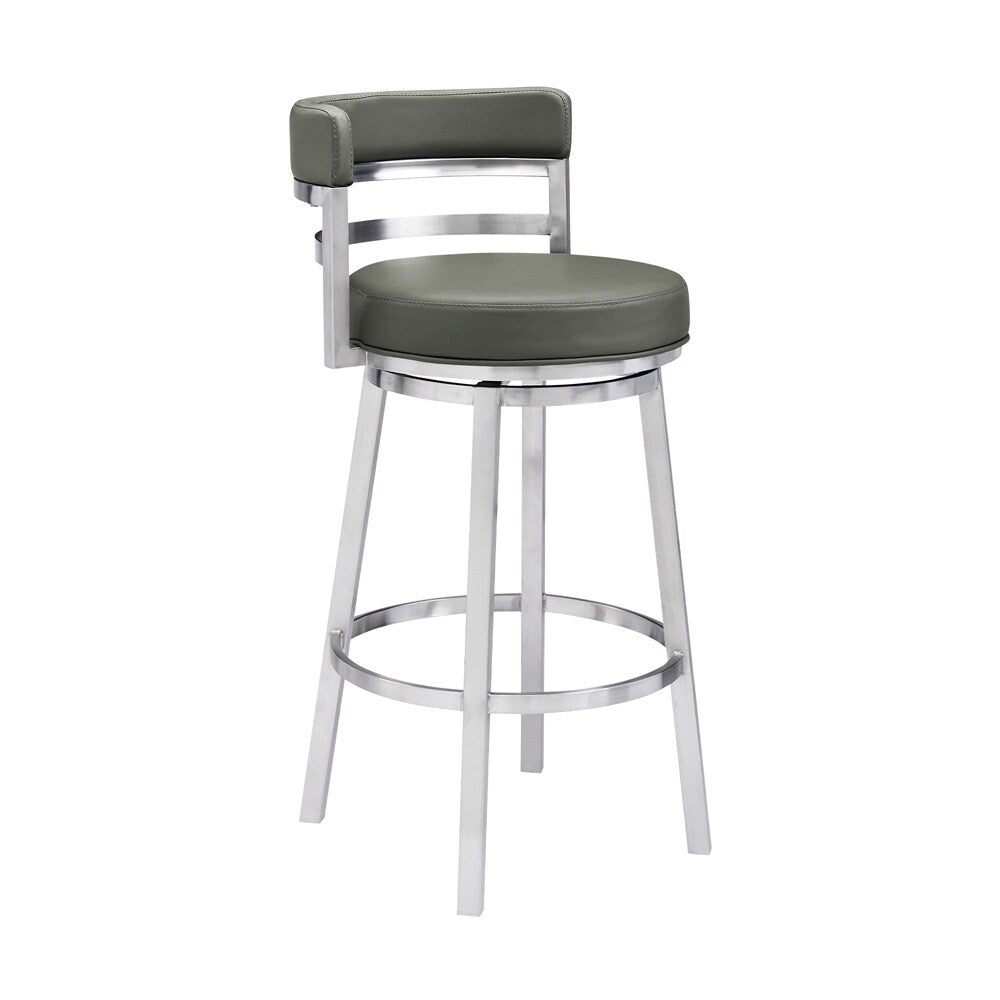 Armen Living - Madrid 30in Bar Height Swivel Grey Faux Leather and Brushed Stainless Steel Bar Stool - LCMABABSGR30 veiw 1