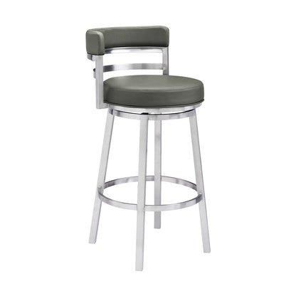 Armen Living - Madrid 30in Bar Height Swivel Grey Faux Leather and Brushed Stainless Steel Bar Stool - LCMABABSGR30 veiw 1