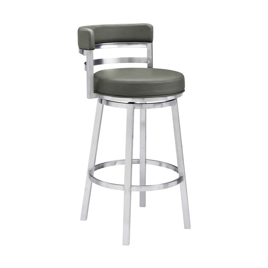 Armen Living - Madrid 30in Bar Height Swivel Grey Faux Leather and Brushed Stainless Steel Bar Stool - LCMABABSGR30 veiw 1