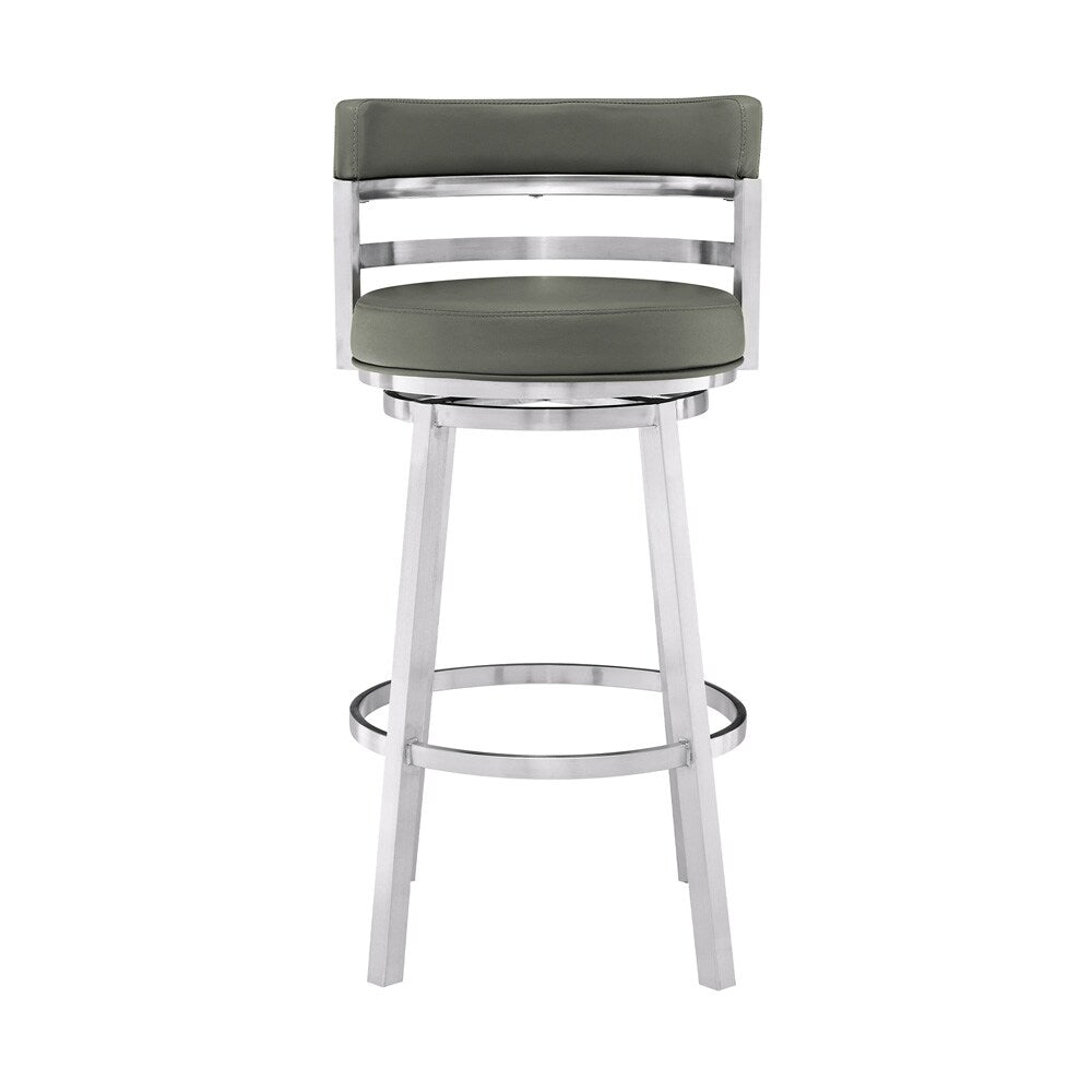 Armen Living - Madrid 30in Bar Height Swivel Grey Faux Leather and Brushed Stainless Steel Bar Stool - LCMABABSGR30 veiw 2
