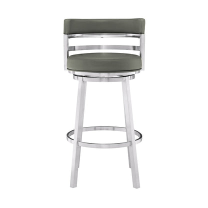 Armen Living - Madrid 30in Bar Height Swivel Grey Faux Leather and Brushed Stainless Steel Bar Stool - LCMABABSGR30 veiw 2