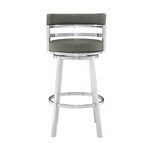 Armen Living - Madrid 30in Bar Height Swivel Grey Faux Leather and Brushed Stainless Steel Bar Stool - LCMABABSGR30 veiw 2