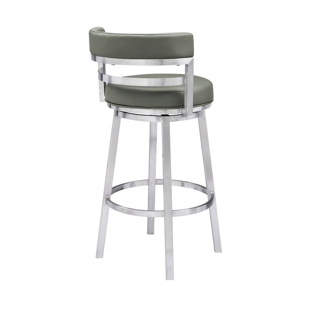 Armen Living - Madrid 30in Bar Height Swivel Grey Faux Leather and Brushed Stainless Steel Bar Stool - LCMABABSGR30 veiw 3