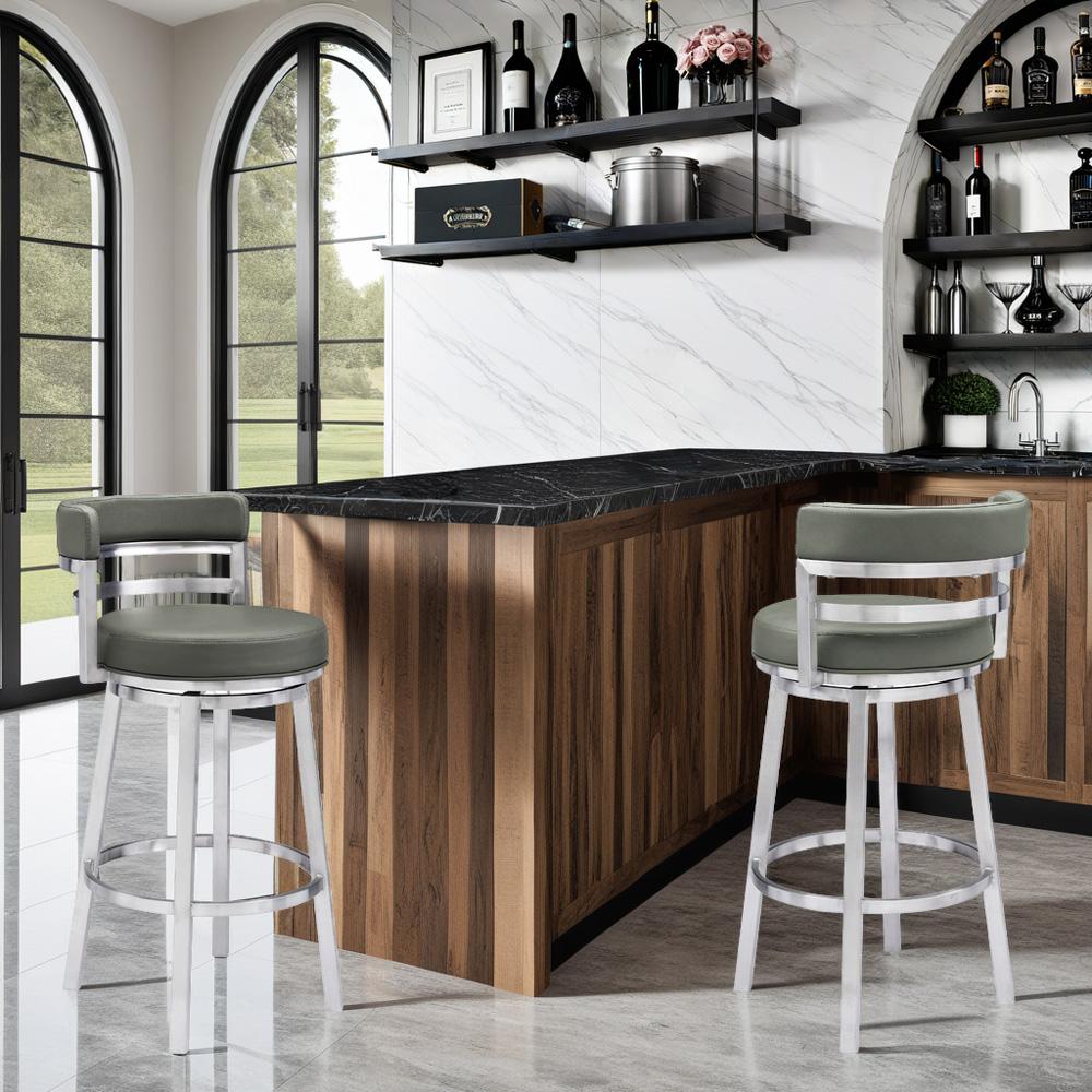 Armen Living - Madrid 30in Bar Height Swivel Grey Faux Leather and Brushed Stainless Steel Bar Stool - LCMABABSGR30 veiw 7