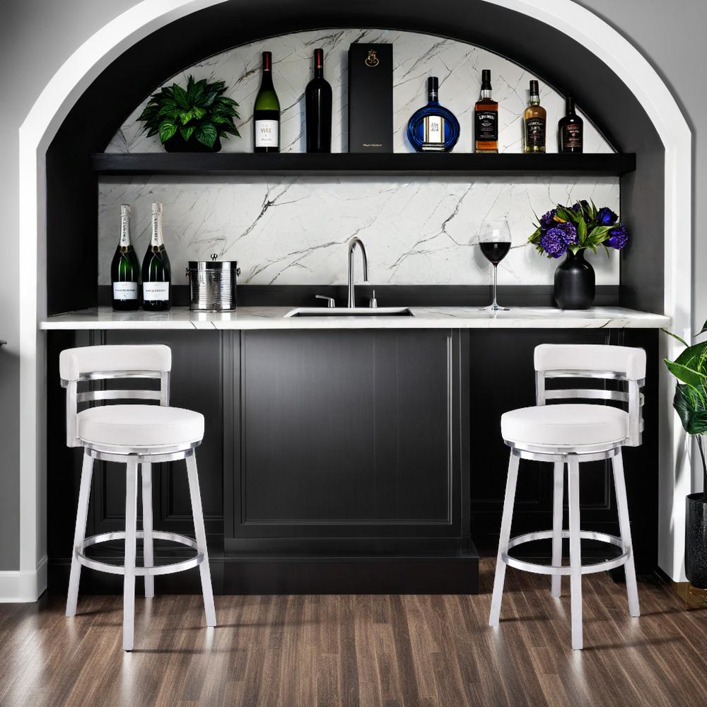 Armen Living - Madrid 30in Bar Height Swivel White Faux Leather and Brushed Stainless Steel Bar Stool - LCMABABSWH30 veiw 7