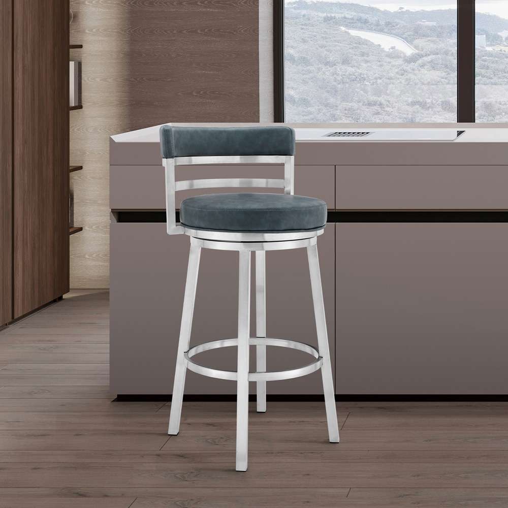 Armen Living - Titana 26in Counter Height Swivel Blue Faux Leather and Brushed Stainless Steel Bar Stool - 840254335189 veiw 7