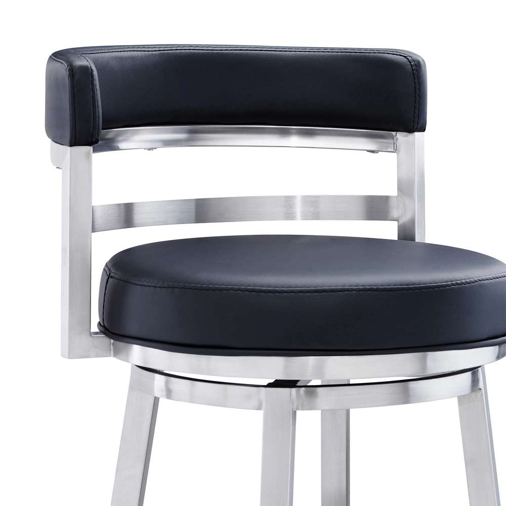 Armen Living - Titana 30in Bar Height Swivel Black Faux Leather and Brushed Stainless Steel Bar Stool - 840254335103 veiw 4