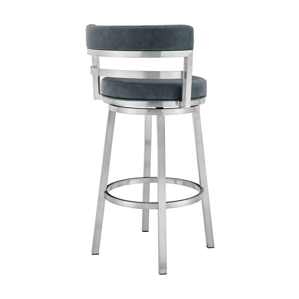 Armen Living - Titana 30in Bar Height Swivel Blue Faux Leather and Brushed Stainless Steel Bar Stool - 840254335196 veiw 3
