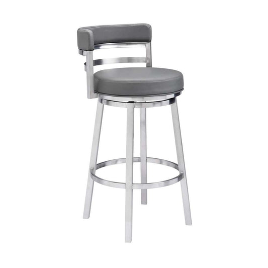 Armen Living - Titana 30in Bar Height Swivel Grey Faux Leather and Brushed Stainless Steel Bar Stool - 840254335066 veiw 1