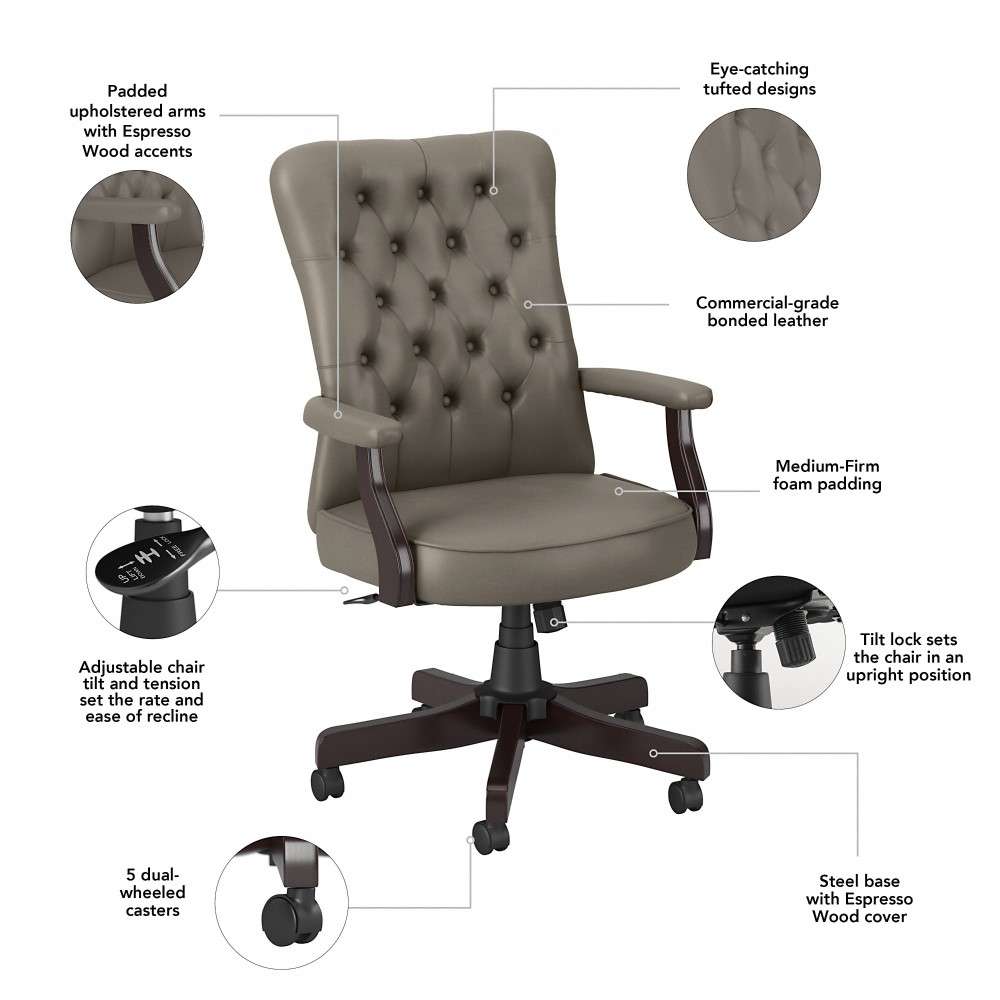 Bush Furniture - Arden Lane High Back Tufted Office Chair with Arms in Washed Gray Leather - CH2303WGL-03 veiw 3
