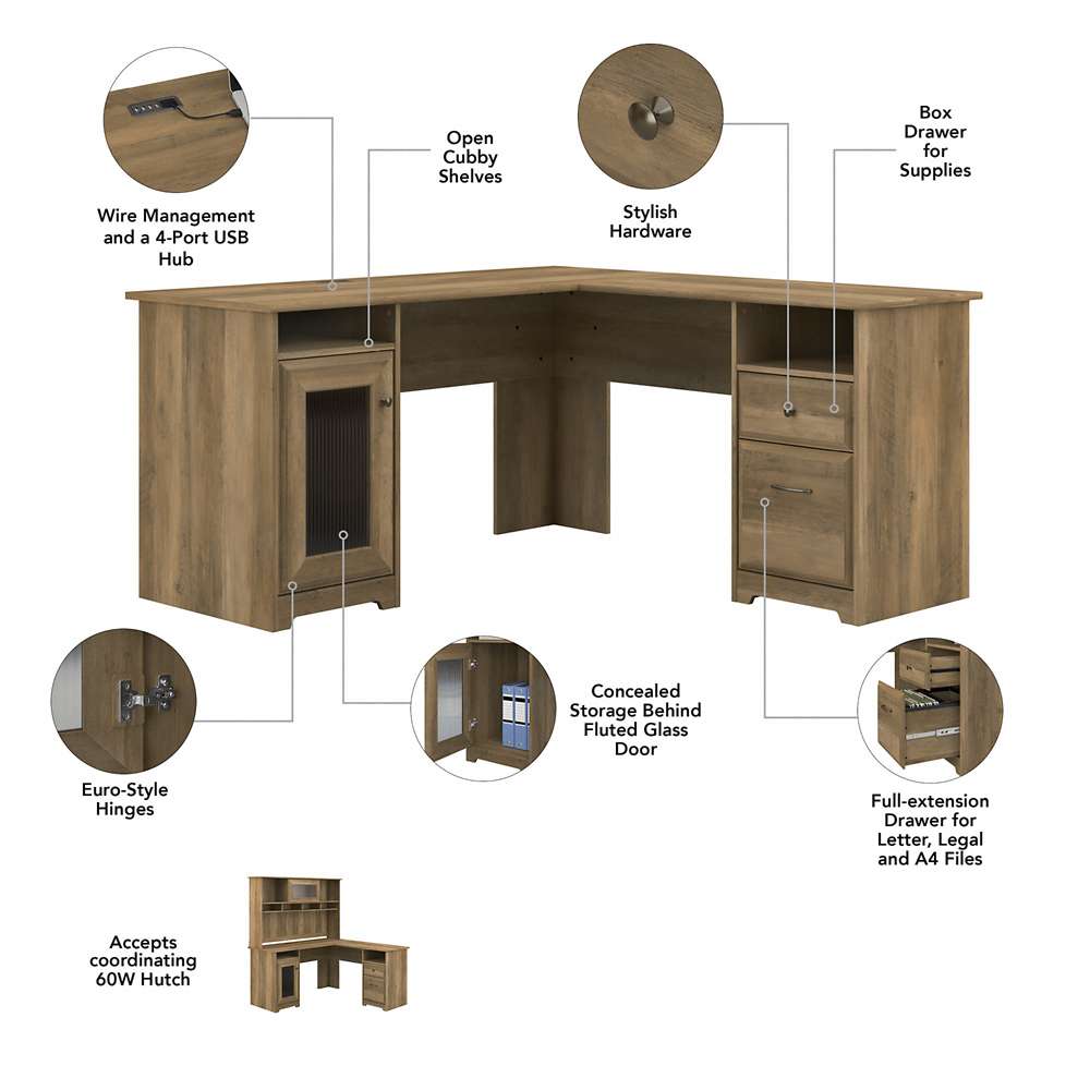 Bush Furniture - Cabot L Shaped Desk with Hutch and Small Storage Cabinet with Doors in Reclaimed Pine - CAB016RCP veiw 7