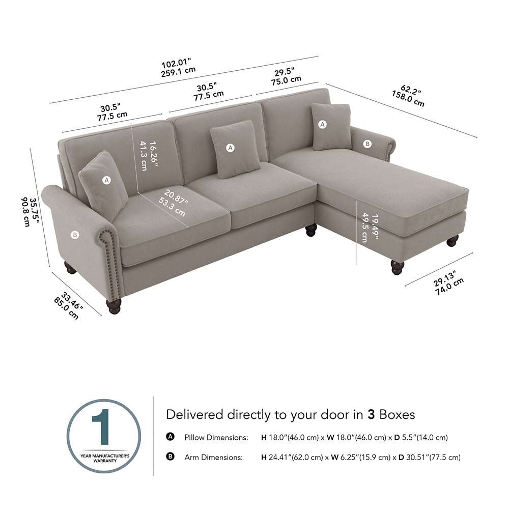 Bush Furniture - Coventry 102W Sectional Couch with Reversible Chaise Lounge in Beige Herringbone - CVY102BBGH-03K veiw 5
