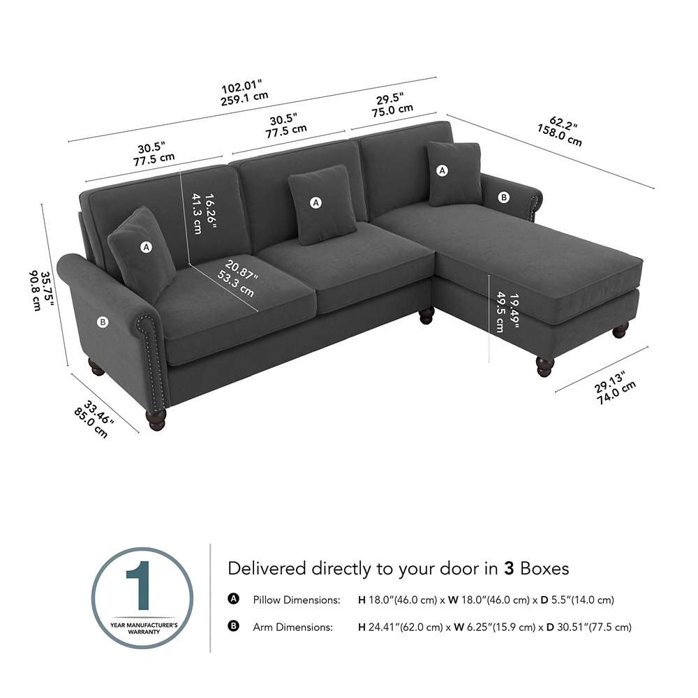 Bush Furniture - Coventry 102W Sectional Couch with Reversible Chaise Lounge in Charcoal Gray Herringbone - CVY102BCGH-03K veiw 5