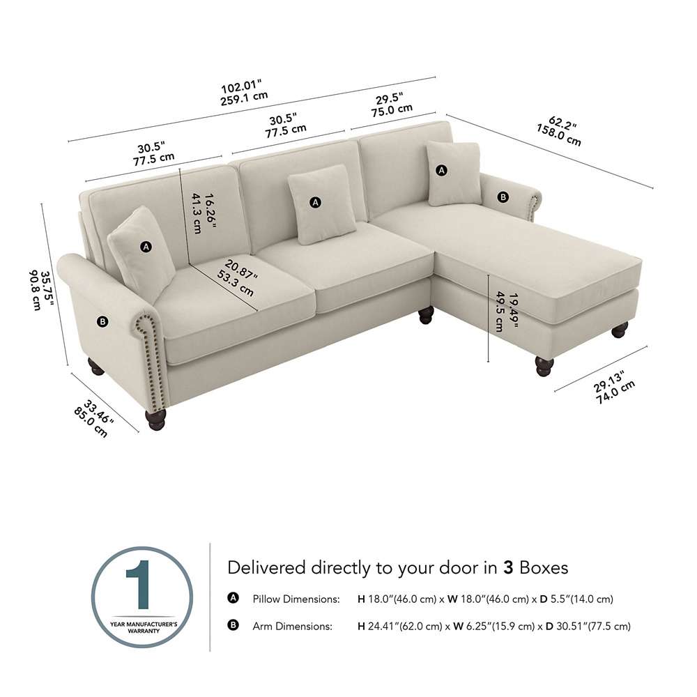 Bush Furniture - Coventry 102W Sectional Couch with Reversible Chaise Lounge in Cream Herringbone - CVY102BCRH-03K veiw 5