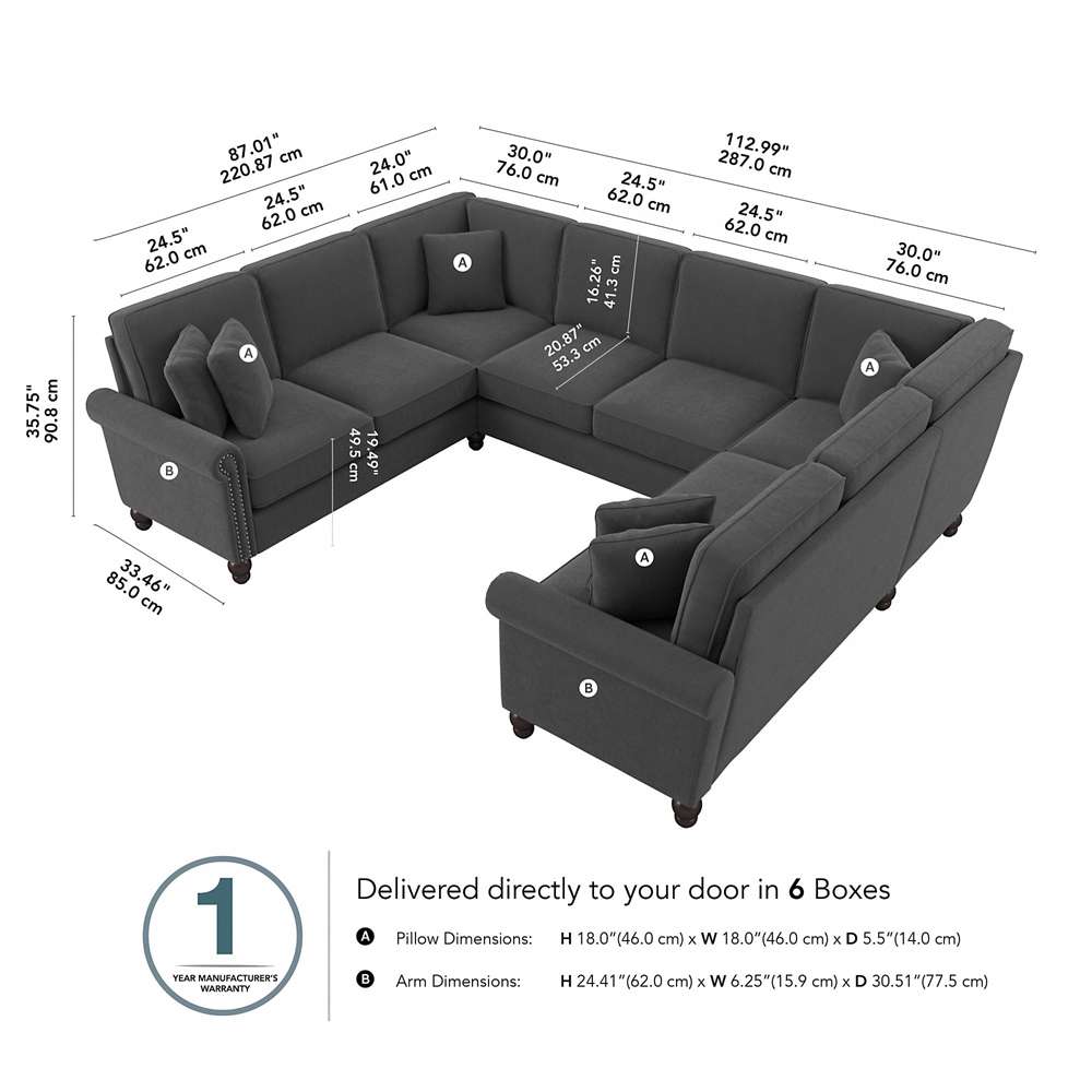 Bush Furniture - Coventry 113W U Shaped Sectional Couch in Charcoal Gray Herringbone - CVY112BCGH-03K veiw 5