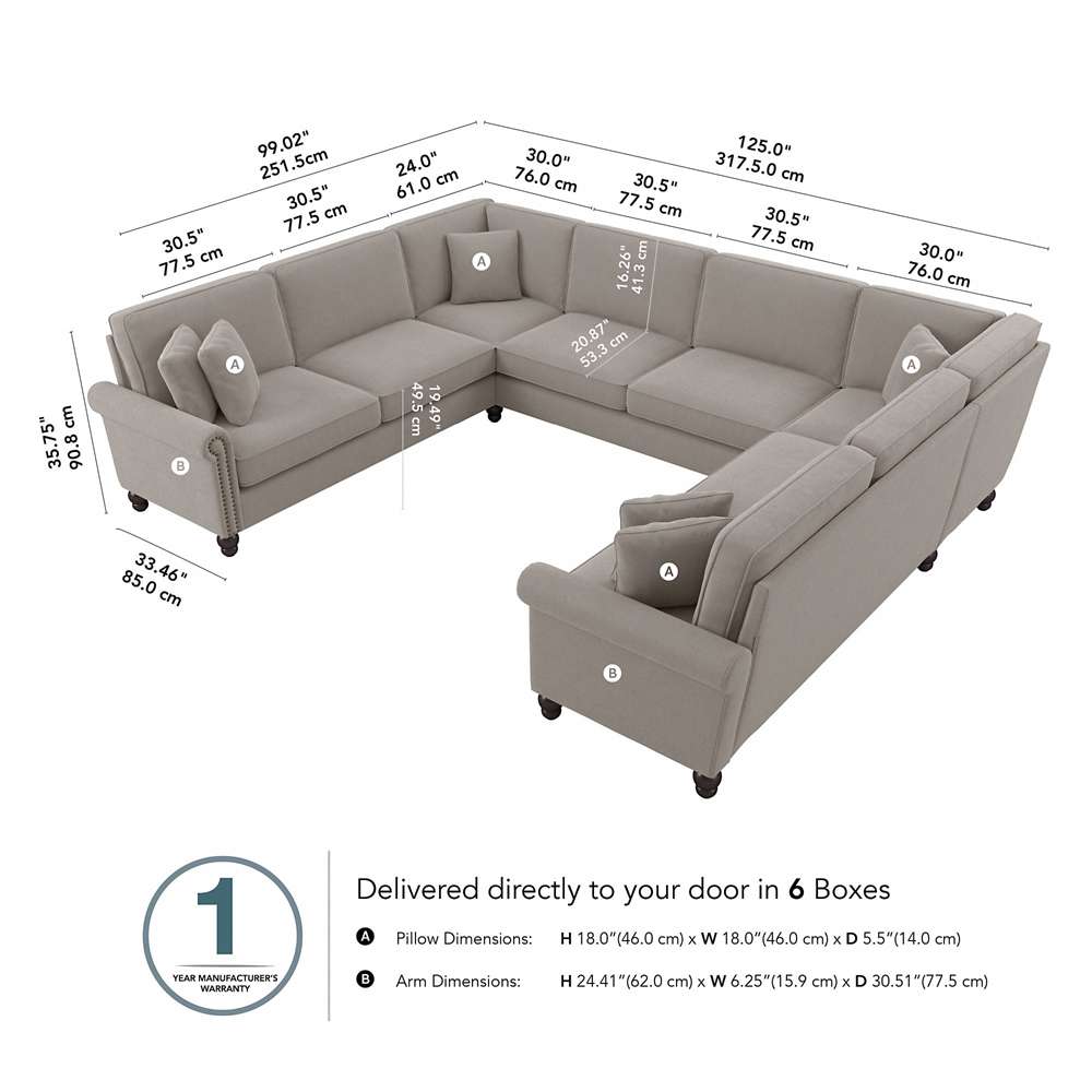 Bush Furniture - Coventry 125W U Shaped Sectional Couch in Beige Herringbone - CVY123BBGH-03K veiw 5
