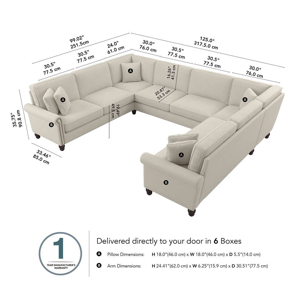 Bush Furniture - Coventry 125W U Shaped Sectional Couch in Cream Herringbone - CVY123BCRH-03K veiw 5