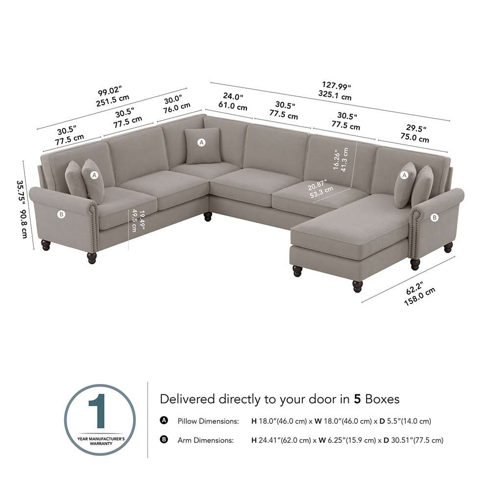 Bush Furniture - Coventry 128W U Shaped Sectional Couch with Reversible Chaise Lounge in Beige Herringbone - CVY127BBGH-03K veiw 5