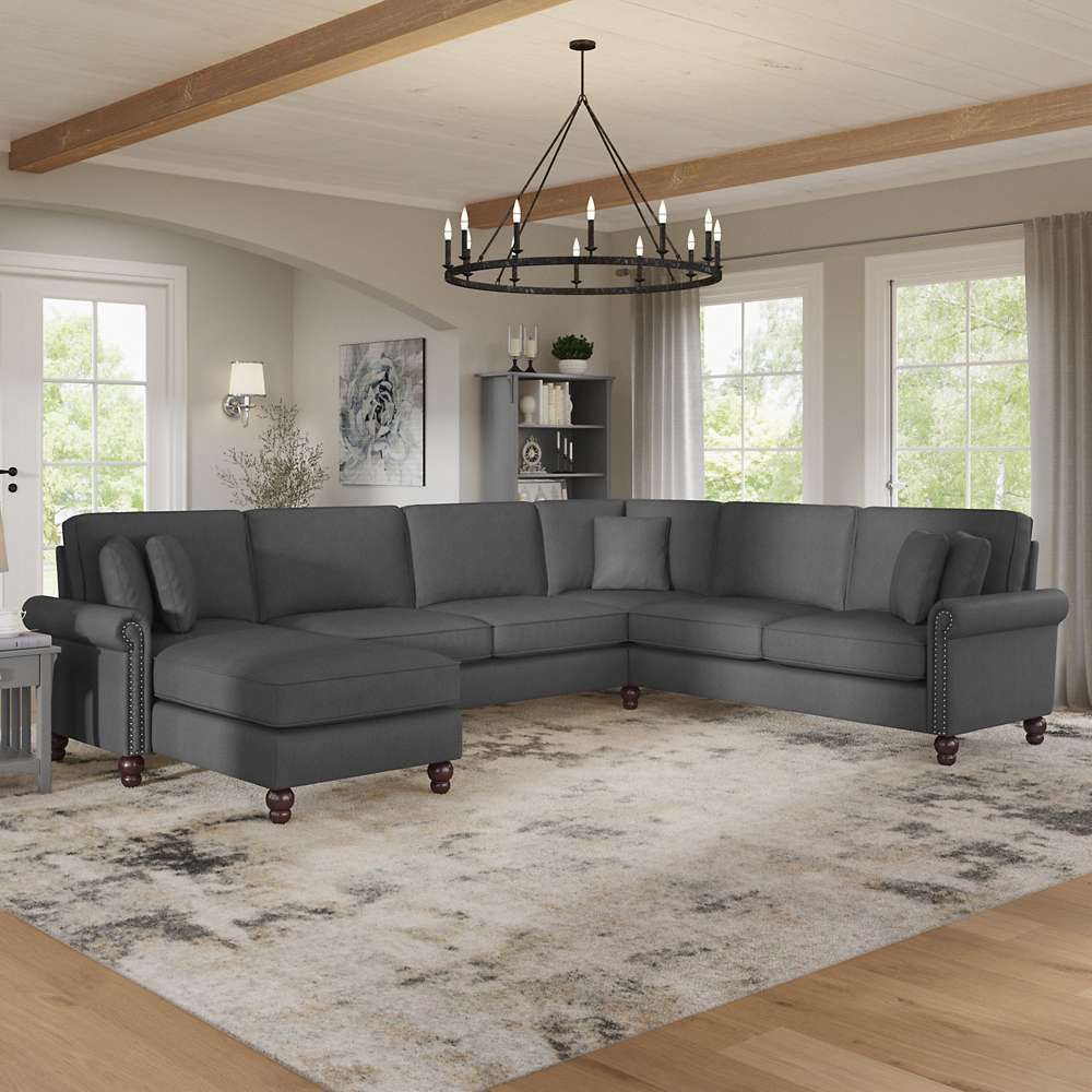 Bush Furniture - Coventry 128W U Shaped Sectional Couch with Reversible Chaise Lounge in Charcoal Gray Herringbone - CVY127BCGH-03K veiw 2