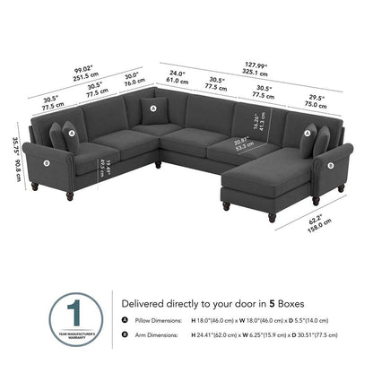 Bush Furniture - Coventry 128W U Shaped Sectional Couch with Reversible Chaise Lounge in Charcoal Gray Herringbone - CVY127BCGH-03K veiw 5