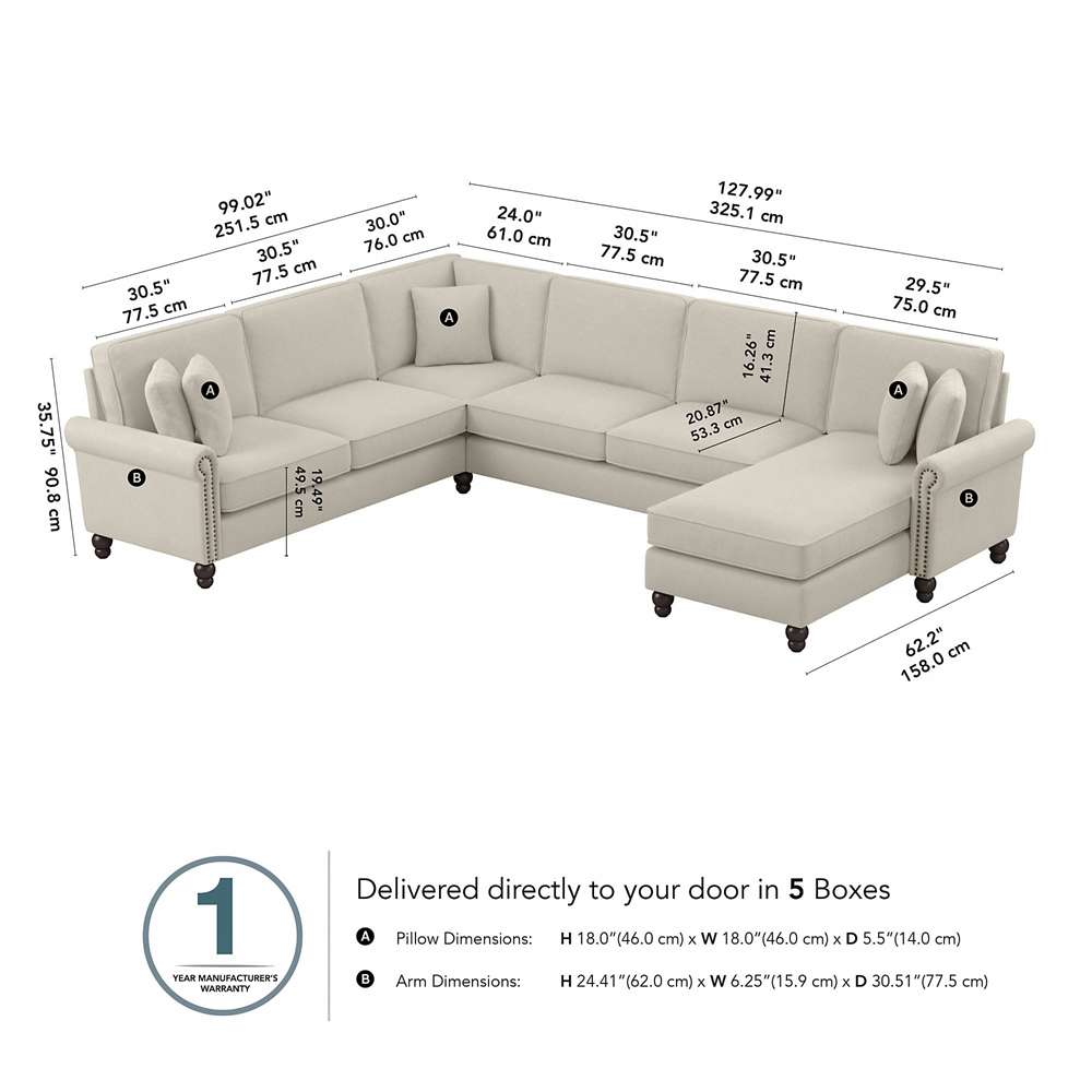 Bush Furniture - Coventry 128W U Shaped Sectional Couch with Reversible Chaise Lounge in Cream Herringbone - CVY127BCRH-03K veiw 5