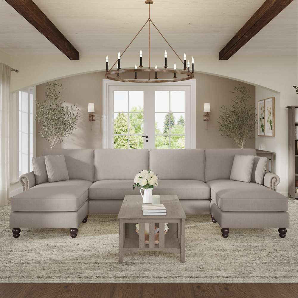 Bush Furniture - Coventry 131W Sectional Couch with Double Chaise Lounge in Beige Herringbone - CVY130BBGH-03K veiw 2