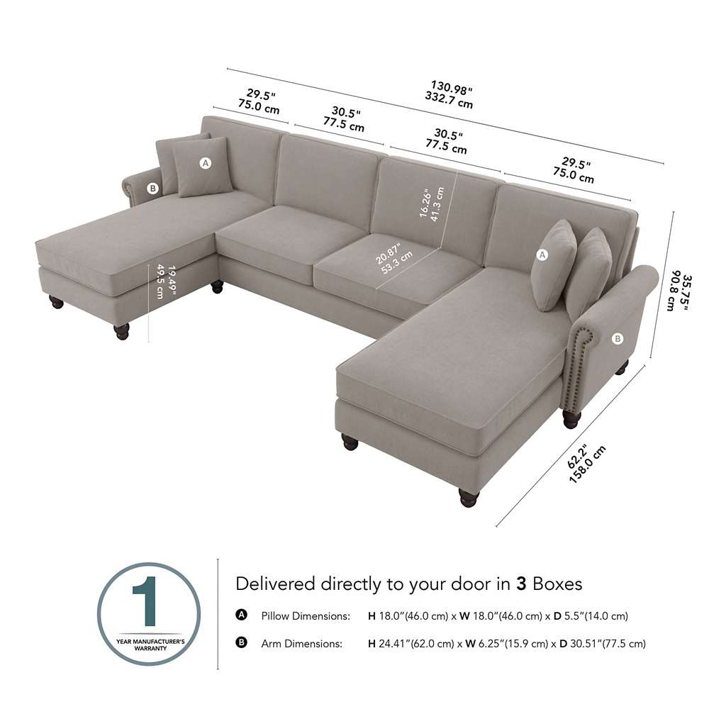 Bush Furniture - Coventry 131W Sectional Couch with Double Chaise Lounge in Beige Herringbone - CVY130BBGH-03K veiw 5