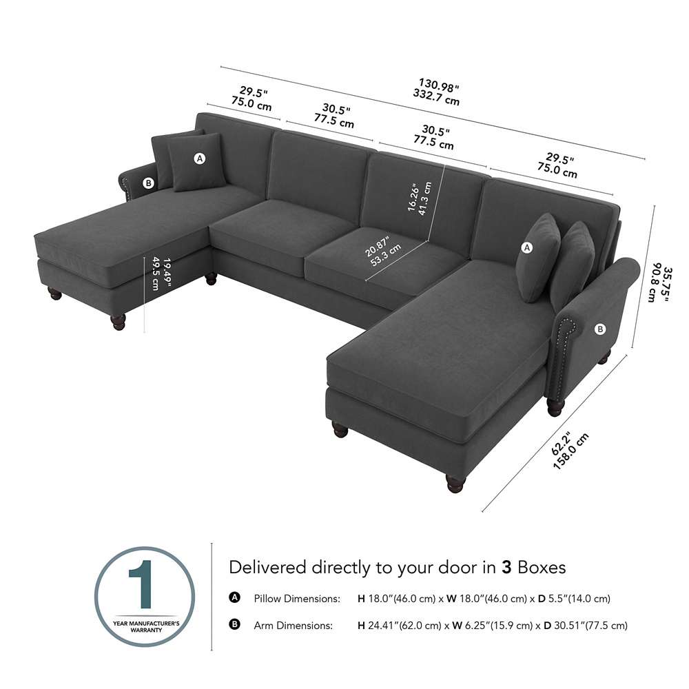 Bush Furniture - Coventry 131W Sectional Couch with Double Chaise Lounge in Charcoal Gray Herringbone - CVY130BCGH-03K veiw 5
