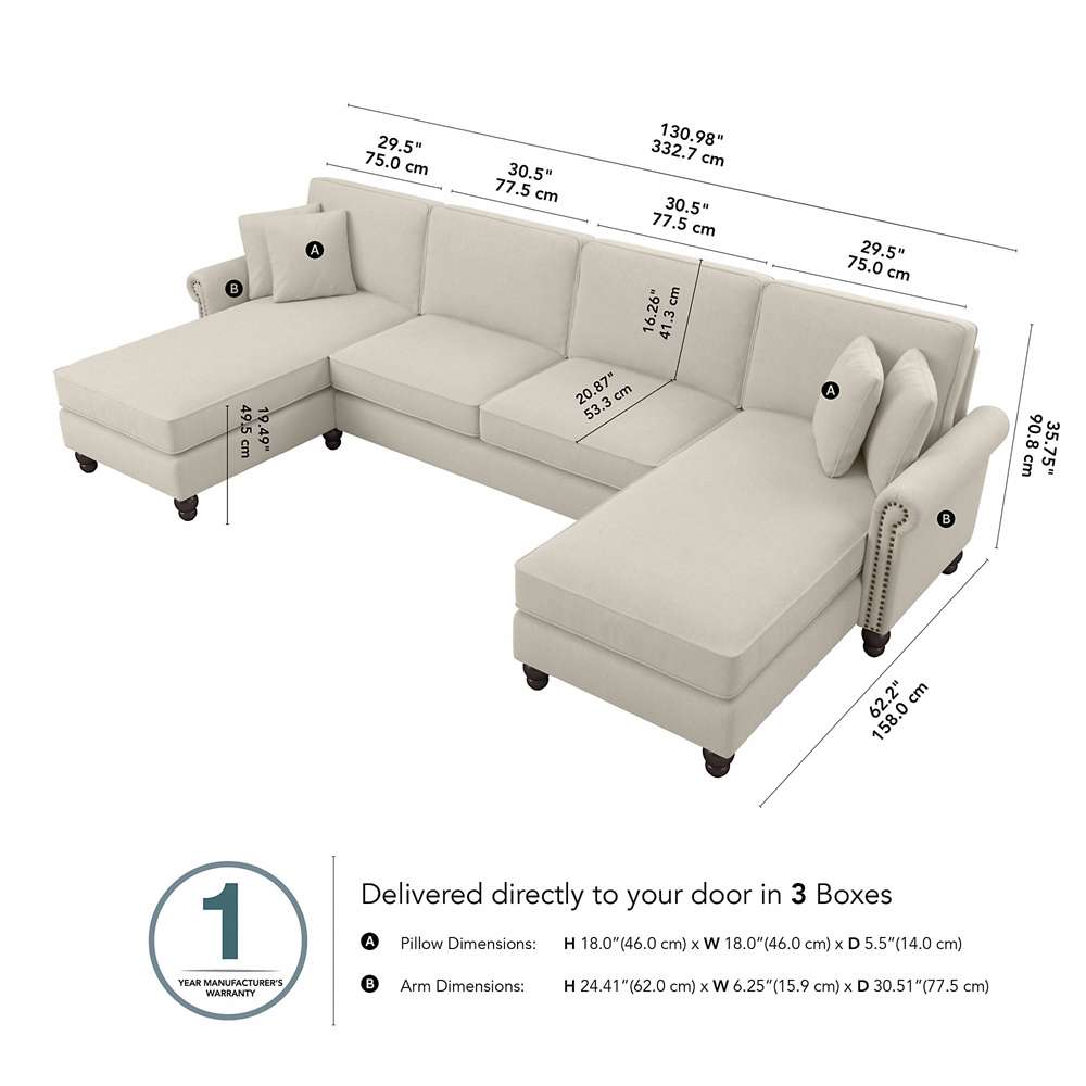 Bush Furniture - Coventry 131W Sectional Couch with Double Chaise Lounge in Cream Herringbone - CVY130BCRH-03K veiw 5