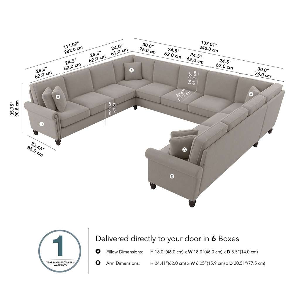 Bush Furniture - Coventry 137W U Shaped Sectional Couch in Beige Herringbone - CVY135BBGH-03K veiw 5