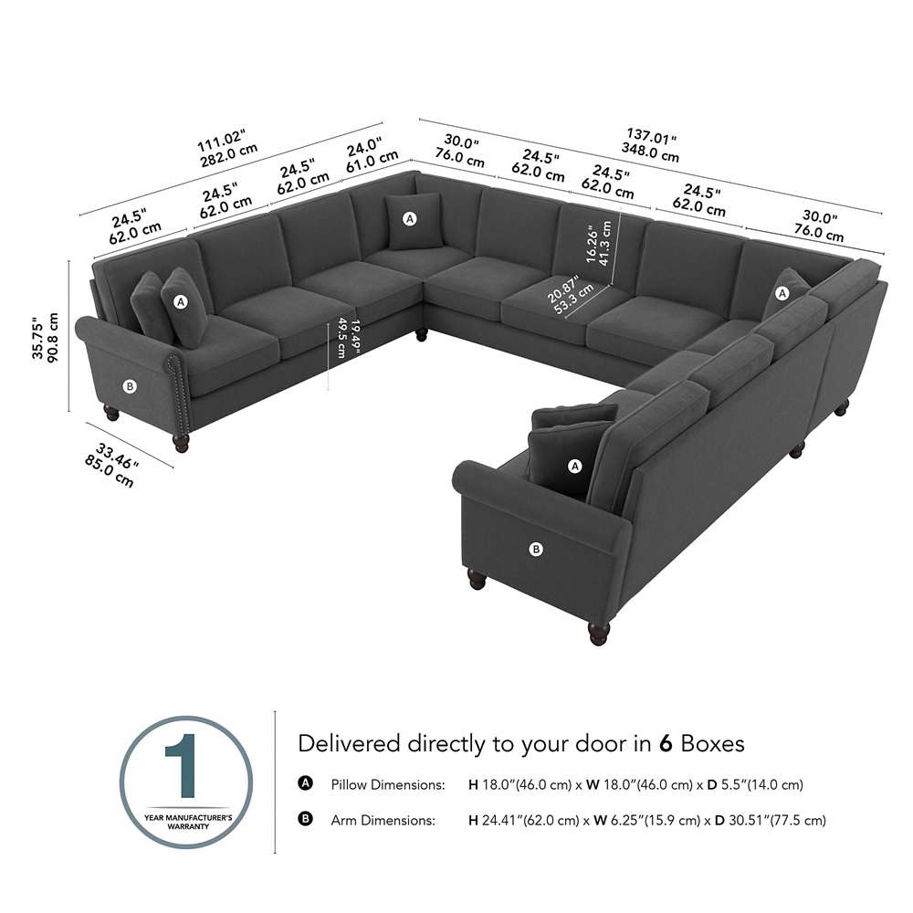 Bush Furniture - Coventry 137W U Shaped Sectional Couch in Charcoal Gray Herringbone - CVY135BCGH-03K veiw 5