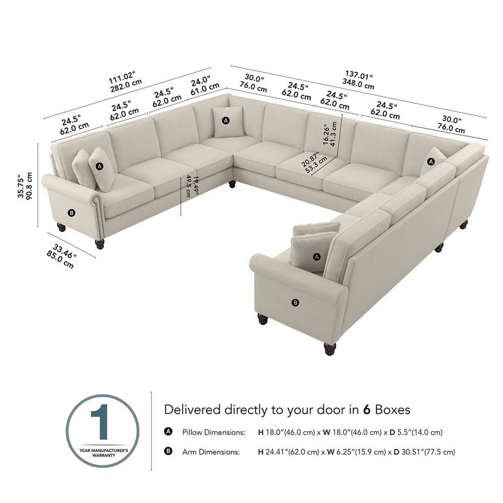 Bush Furniture - Coventry 137W U Shaped Sectional Couch in Cream Herringbone - CVY135BCRH-03K veiw 5