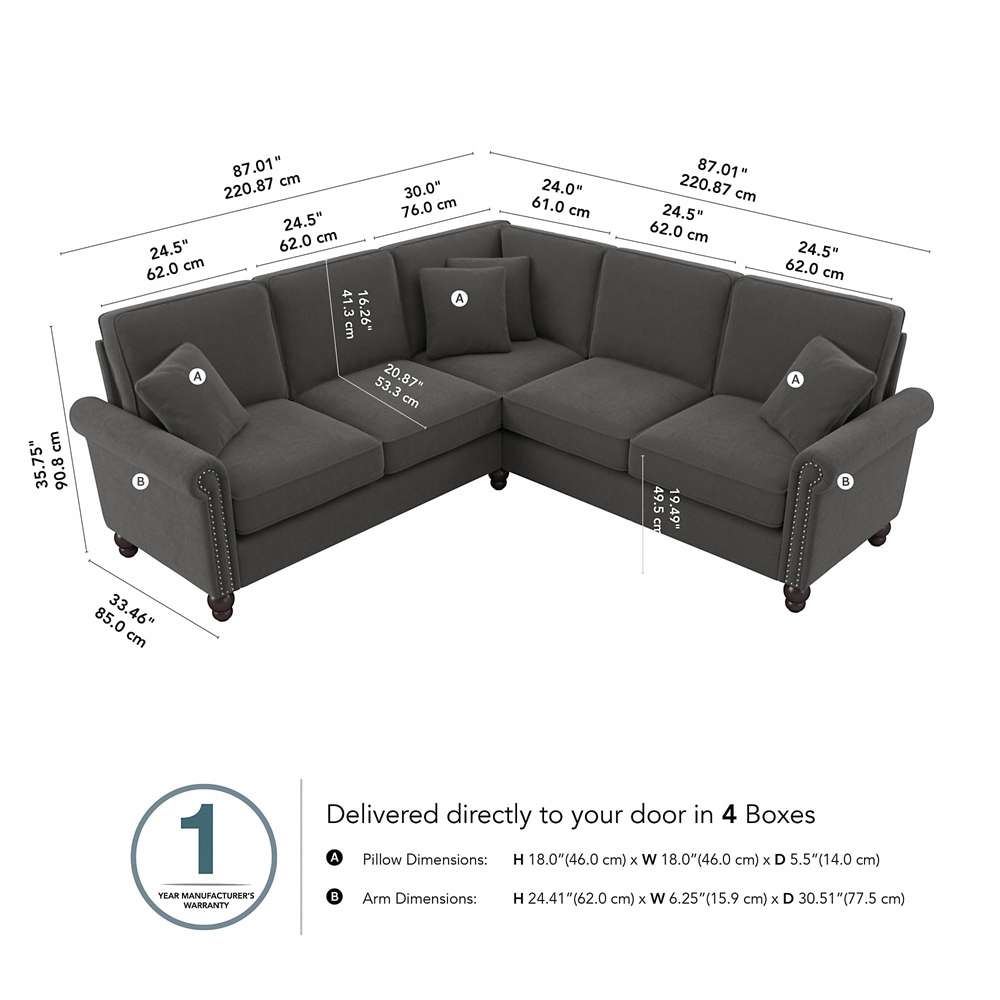 Bush Furniture - Coventry 87W L Shaped Sectional Couch in Charcoal Gray Herringbone - CVY86BCGH-03K veiw 5