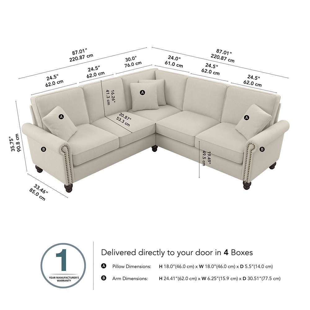 Bush Furniture - Coventry 87W L Shaped Sectional Couch in Cream Herringbone - CVY86BCRH-03K veiw 5