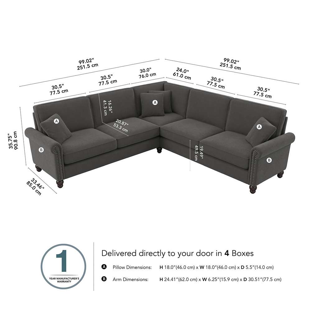 Bush Furniture - Coventry 99W L Shaped Sectional Couch in Charcoal Gray Herringbone - CVY98BCGH-03K veiw 5